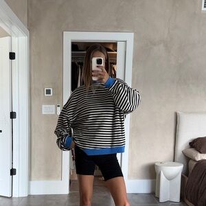 Free People Oversized Striped Black and White Sweater with Blue Accents